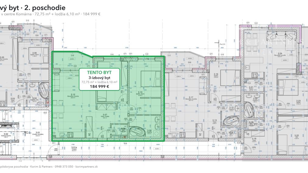 3-izbový byt s lodžiou, 2. poschodie – White Square Komárno