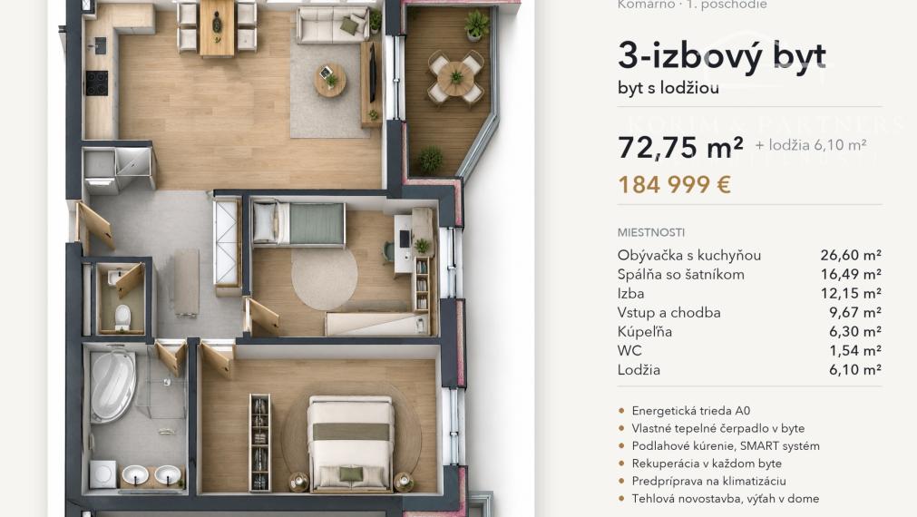 3-izbový byt s lodžiou, 1. poschodie – White Square Komárno