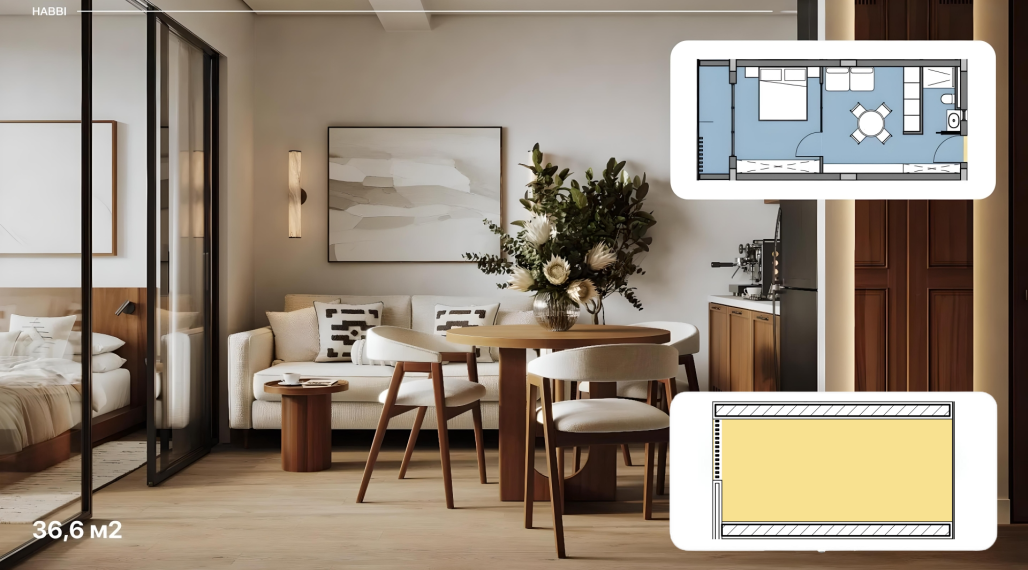 2 izbový apartmán s rozlohou s terasou na streche od 34,9 + 29,7 m² do 36,6  +  29,7m²