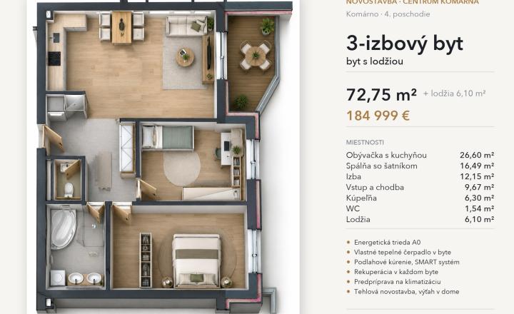 3-izbový byt s lodžiou, 4. poschodie – White Square Komárno - fotografia 9