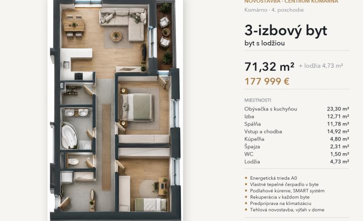 3-izbový byt s lodžiou, 4. poschodie – White Square Komárno - fotografia 9